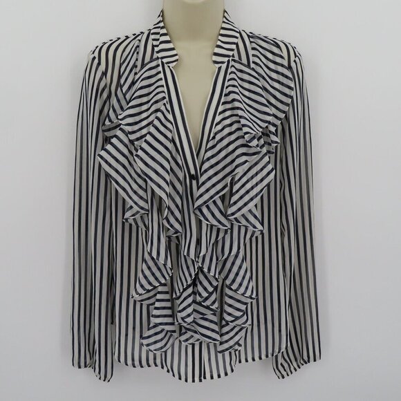 Y2K Cache Women 6 Sheer Ruffle Blue White Stripe Button Blouse Shirt Top NEW - Picture 10 of 10